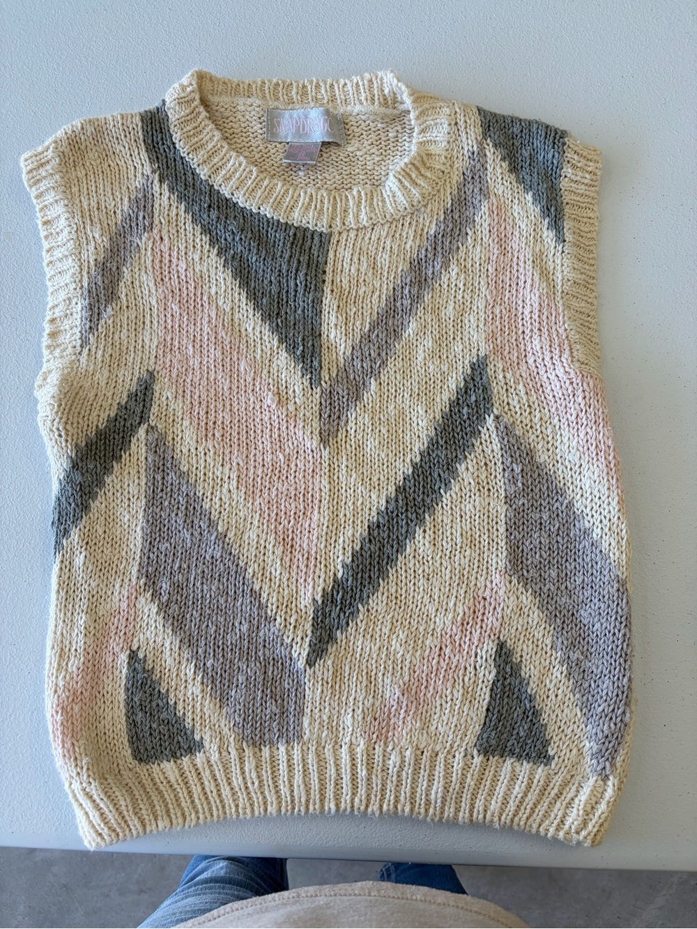 Chevron Sleeveless Knit Sweater Vest in Cream, Gray & Pink